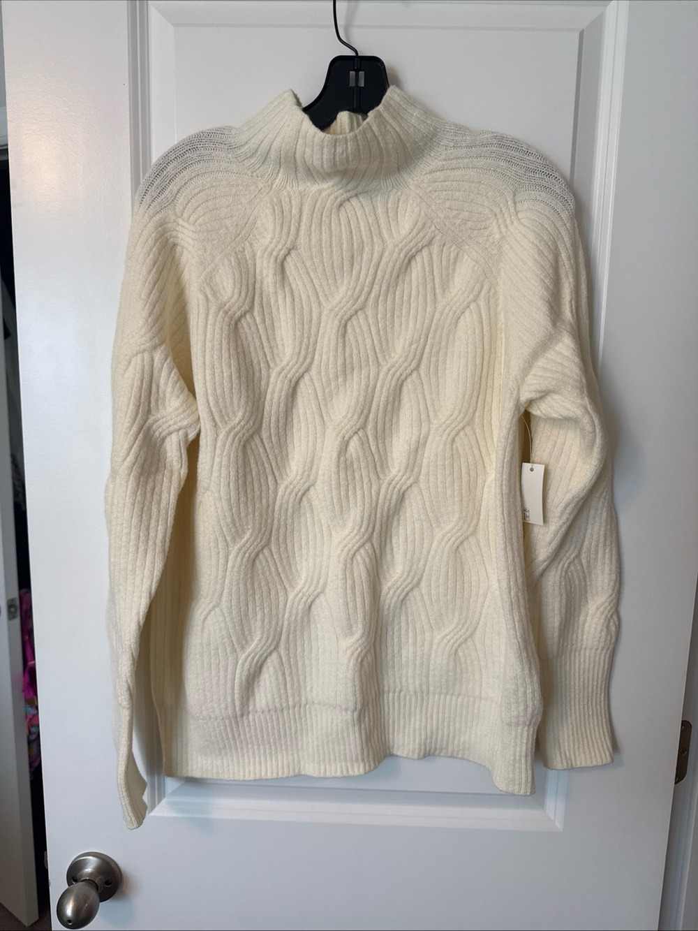 NWT Amazon Essentials Women Cream Chunky Cable Knit Mock Neck Pullover Sweater L